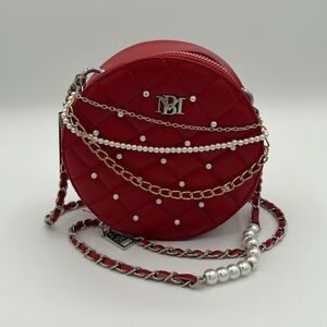 Badgley Mischka Red Quilted Crossbody Bag with Pearl Chain